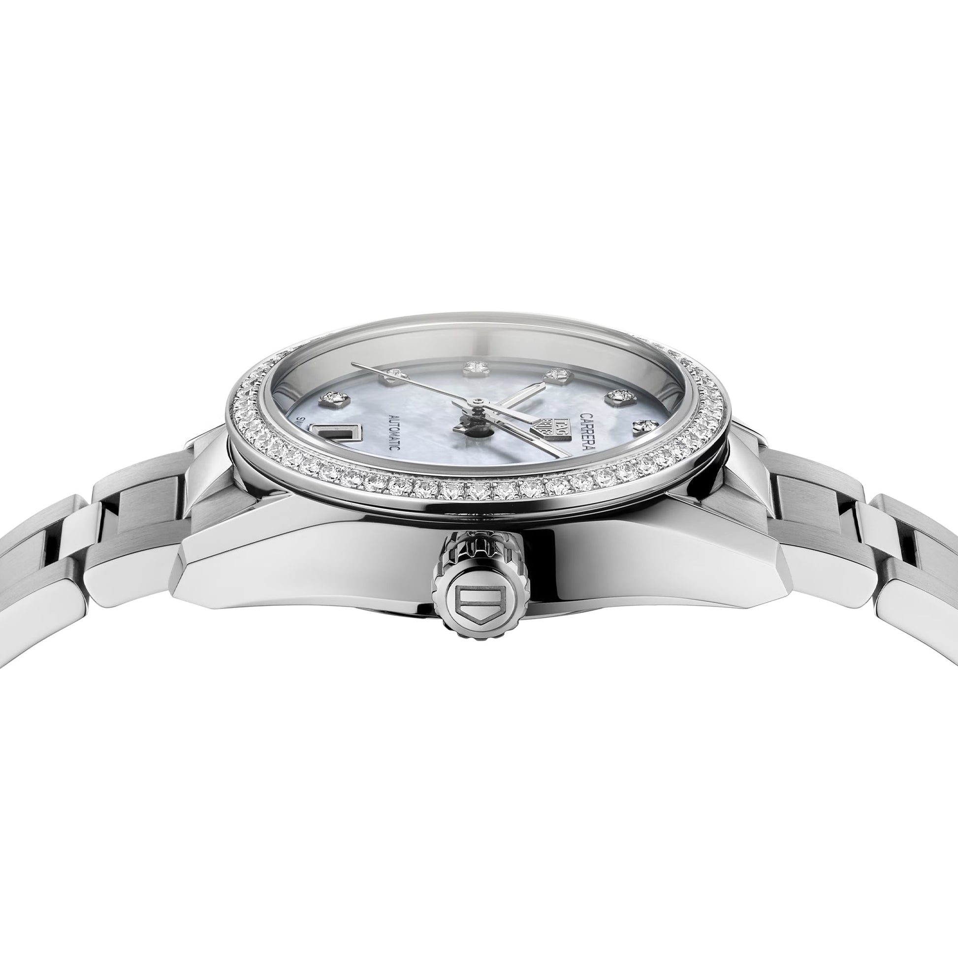  Shop Authentic Tag Heuer Carrera Date Diamonds Mother of Pearl Dial Silver Steel Strap Watch for Women - WBN2414.BA0621 - Luxxuri