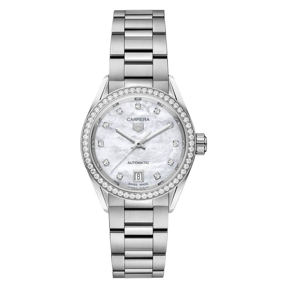  Shop Authentic Tag Heuer Carrera Date Diamonds Mother of Pearl Dial Silver Steel Strap Watch for Women - WBN2414.BA0621 - Luxxuri