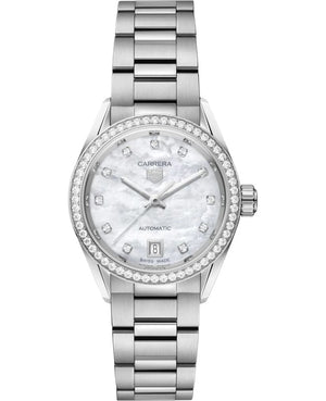  Shop Authentic Tag Heuer Carrera Date Diamonds Mother of Pearl Dial Silver Steel Strap Watch for Women - WBN2414.BA0621 - Luxxuri