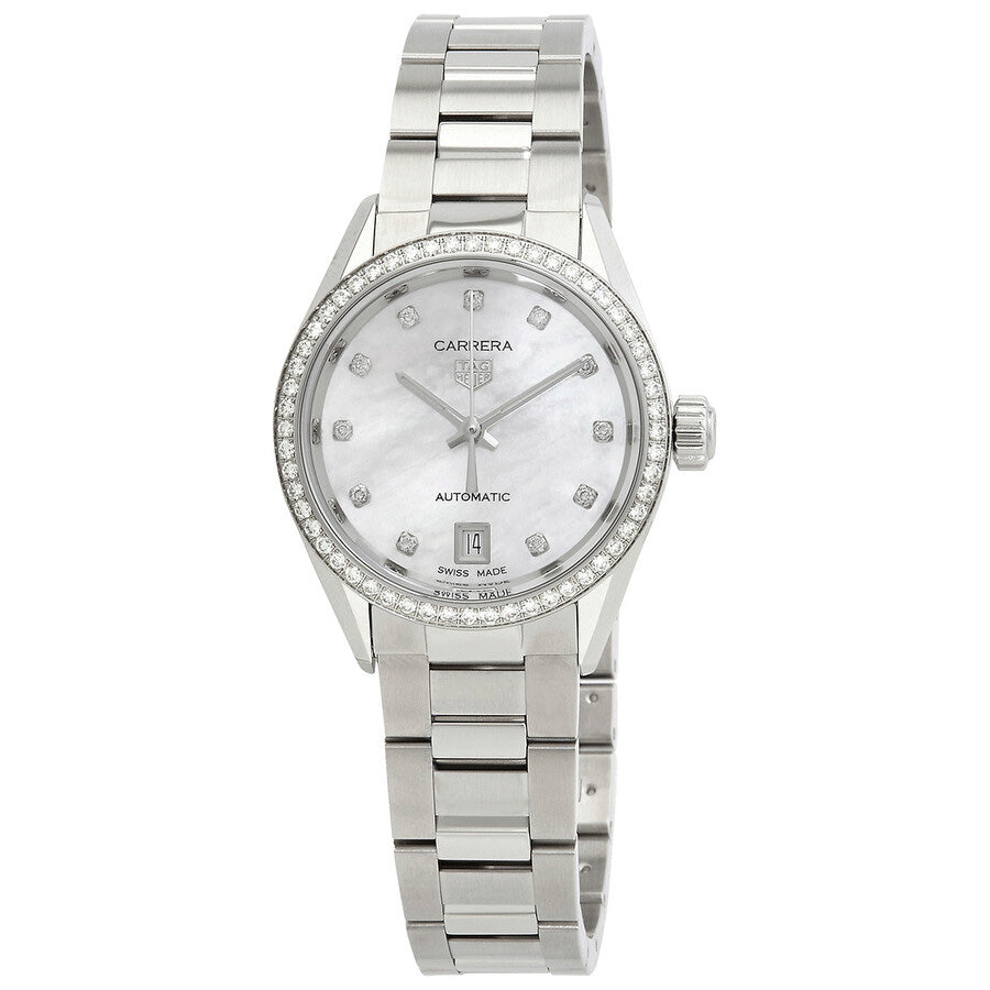  Shop Authentic Tag Heuer Carrera Date Diamonds Mother of Pearl Dial Silver Steel Strap Watch for Women - WBN2414.BA0621 - Luxxuri