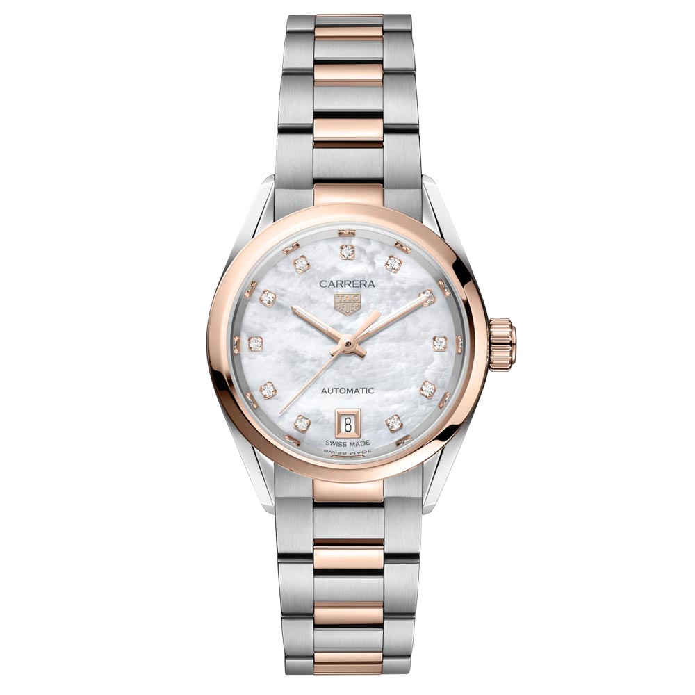  Shop Authentic Tag Heuer Carrera Date Automatic Mother of Pearl Dial Two Tone Steel Strap Watch for Women - WBN2450.BD0569 - Luxxuri
