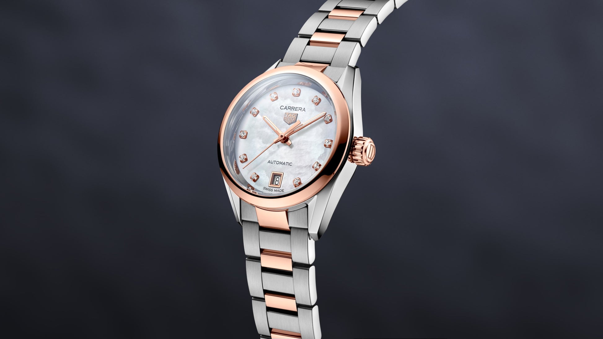  Shop Authentic Tag Heuer Carrera Date Automatic Mother of Pearl Dial Two Tone Steel Strap Watch for Women - WBN2450.BD0569 - Luxxuri