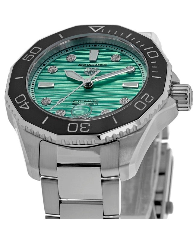  Shop Authentic Tag Heuer Aquaracer Professional 300 Automatic Diamonds Green Dial Silver Steel Strap Watch for Women - WBP231K.BA0618 - Luxxuri