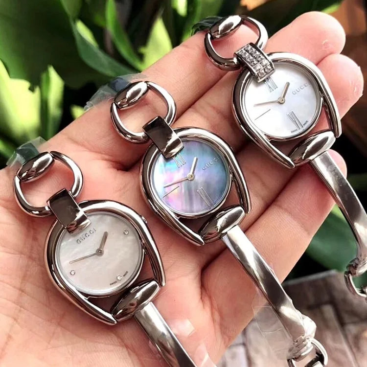  Shop Authentic Gucci Horsebit Collection Diamonds Mother of Pearl White Dial Silver Steel Strap Watch For Women - YA139504 - Luxxuri