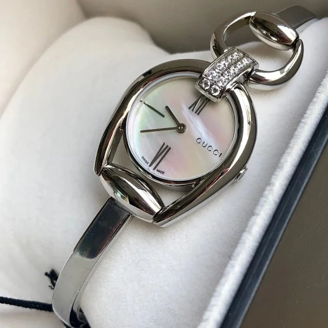  Shop Authentic Gucci Horsebit Collection Diamonds Mother of Pearl White Dial Silver Steel Strap Watch For Women - YA139504 - Luxxuri