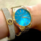  Shop Authentic Michael Kors Slim Runway Blue Mother of Pearl Dial Gold Steel Strap Watch for Women - MK3492 - Luxxuri