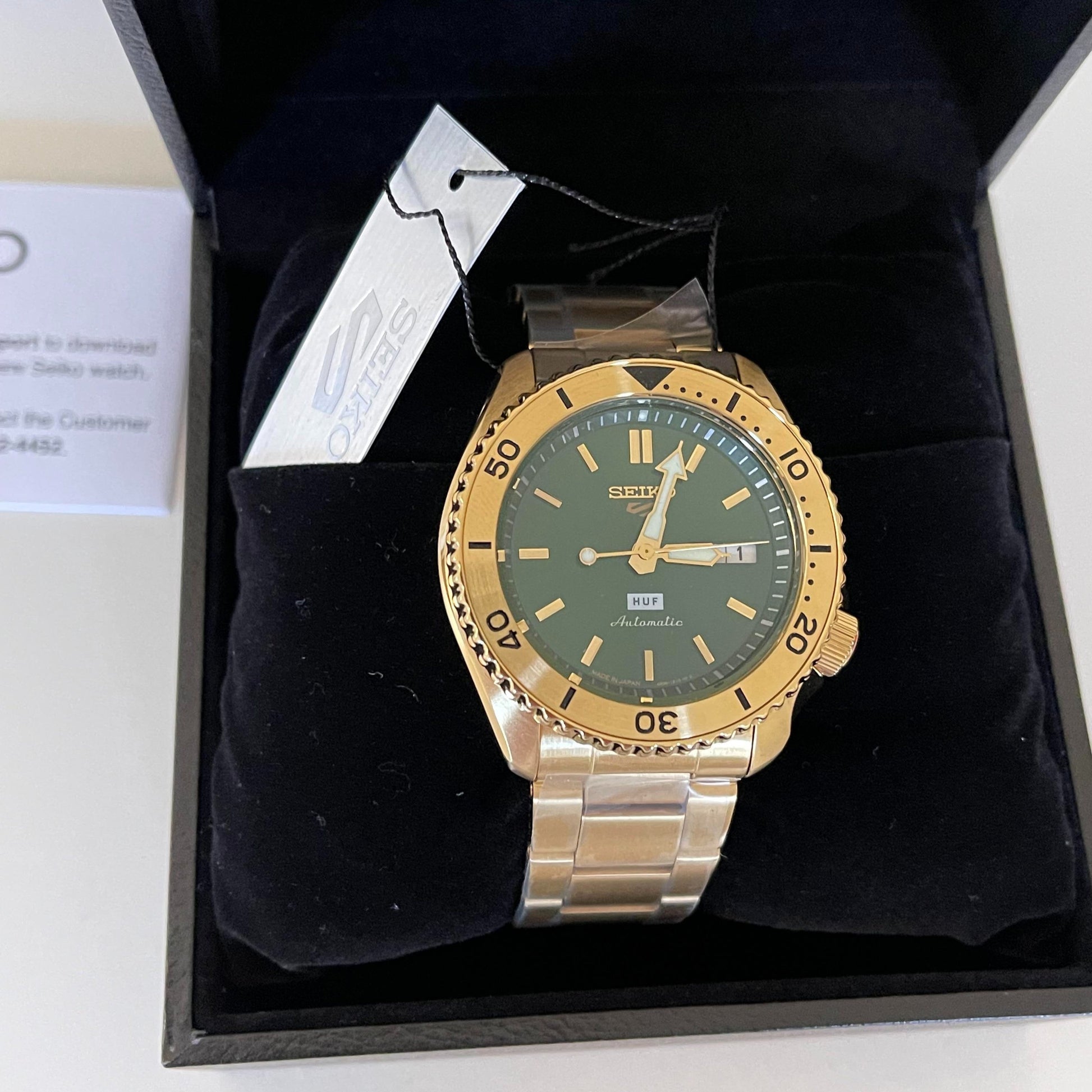  Shop Authentic Seiko 5 Sports HUF Limited Edition Green Dial Gold Steel Strap Watch For Men - SRPJ20 - Luxxuri