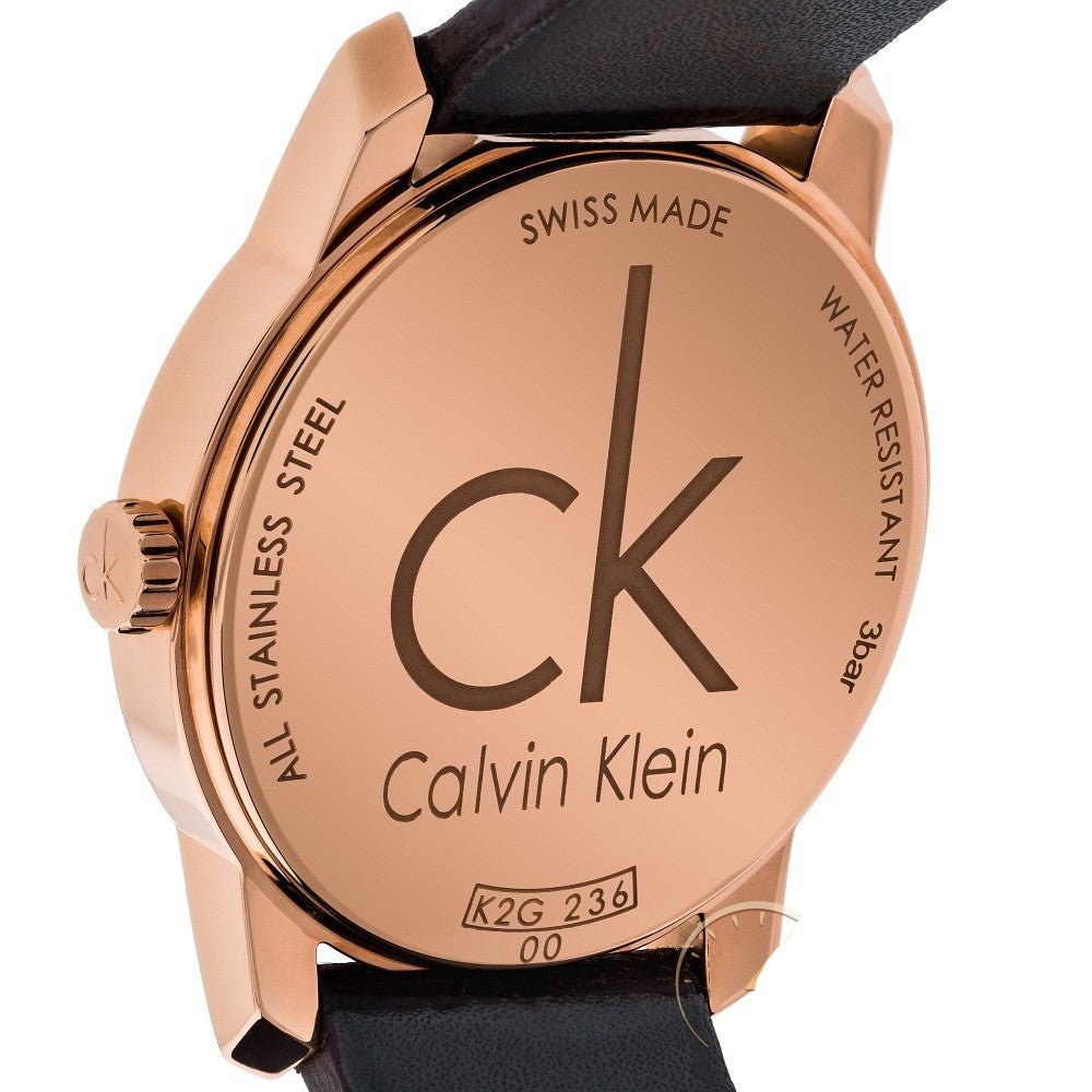  Shop Authentic Calvin Klein City White & Gold Dial Brown Leather Strap Watch For Women - K2G23620 - Luxxuri