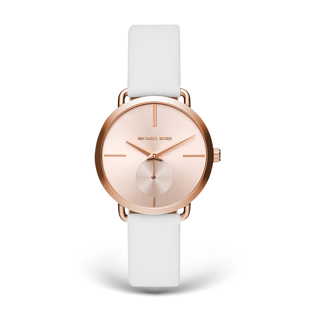  Shop Authentic Michael Kors Portia Rose Gold Dial White Leather Strap Watch For Women - MK2660 - Luxxuri