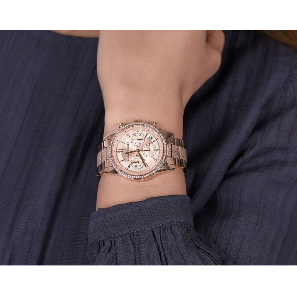  Shop Authentic Michael Kors Ritz Chronograph Rose Gold Dial Rose Gold Steel Strap Watch For Women - MK6598 - Luxxuri