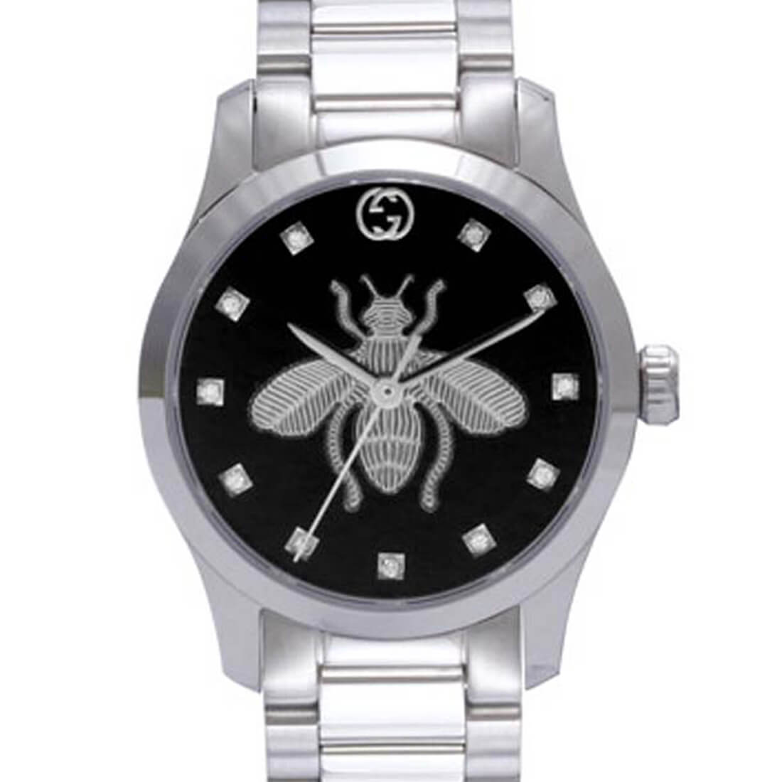  Shop Authentic Gucci G Timeless Quartz Diamonds Black Dial Silver Steel Strap Watch For Women - YA1265024 - Luxxuri
