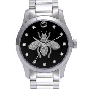  Shop Authentic Gucci G Timeless Quartz Diamonds Black Dial Silver Steel Strap Watch For Women - YA1265024 - Luxxuri