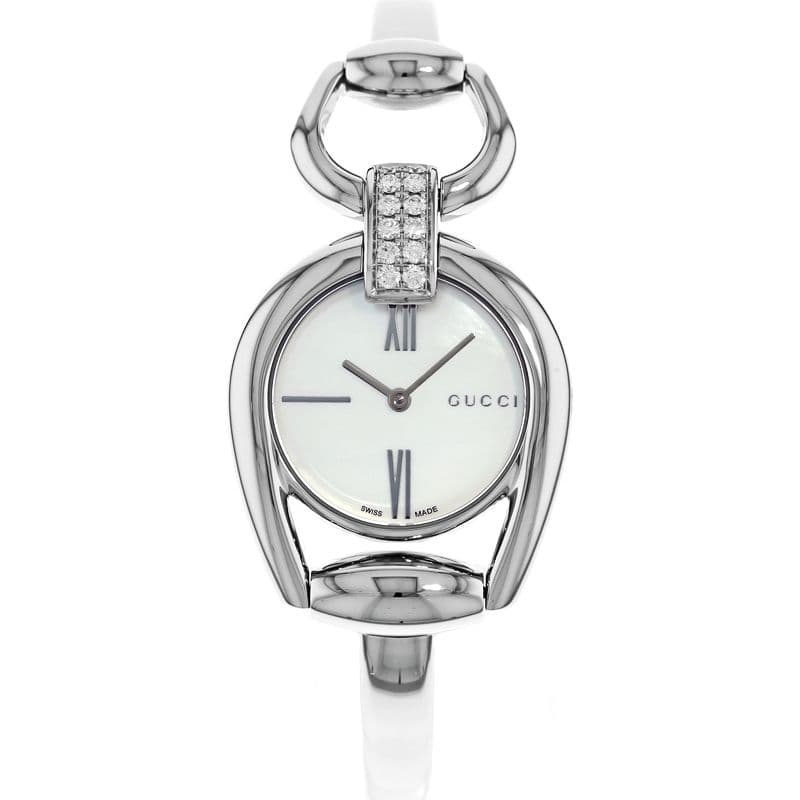  Shop Authentic Gucci Horsebit Collection Diamonds Mother of Pearl White Dial Silver Steel Strap Watch For Women - YA139504 - Luxxuri