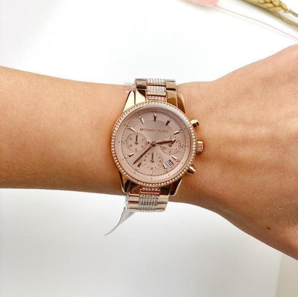  Shop Authentic Michael Kors Ritz Chronograph Rose Gold Dial Rose Gold Steel Strap Watch For Women - MK6485 - Luxxuri