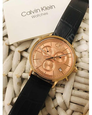  Shop Authentic Calvin Klein Post Minimal Chronograph Rose Gold Dial Black Leather Strap Watch for Men - K7627201 - Luxxuri