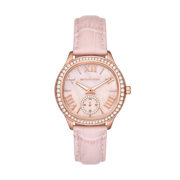  Shop Authentic Michael Kors Sage Three-Hand Mother of Pearl Pink Dial Pink Leather Strap Watch for Women - MK4820 - Luxxuri