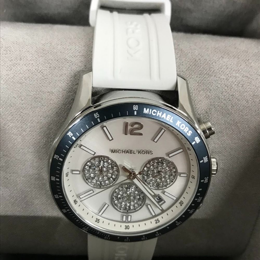 Michael Kors Berkley Chronograph Silver Dial White Rubber Strap Watch For Women  - MKO1040