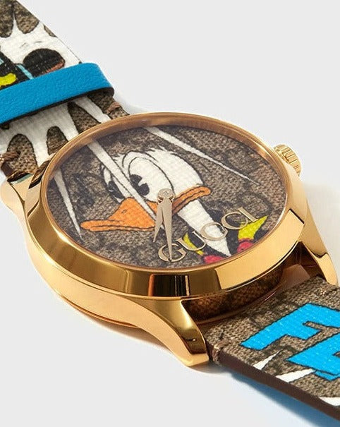  Shop Authentic Gucci G Timeless Disney Donald Duck Brown Dial Brown Leather Strap Watch For Women - YA1264167 - Luxxuri