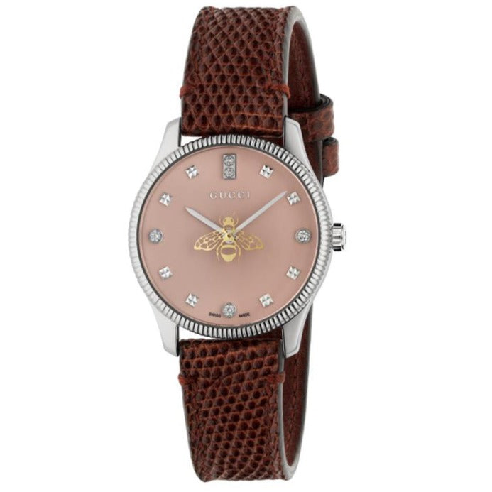  Shop Authentic Gucci G Timeless Quartz Diamonds Pink Dial Red Leather Strap Watch For Women - YA1265017 - Luxxuri