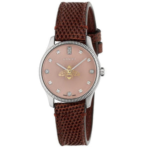  Shop Authentic Gucci G Timeless Quartz Diamonds Pink Dial Red Leather Strap Watch For Women - YA1265017 - Luxxuri