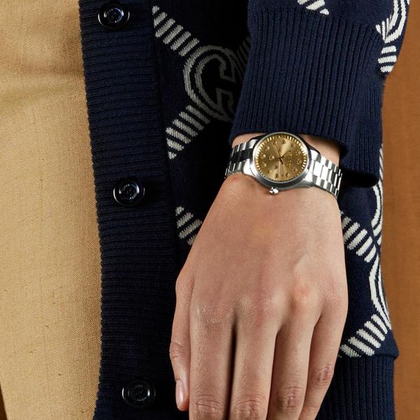  Shop Authentic Gucci G Timeless Quartz Gold Dial Silver Steel Strap Watch for Women - YA1265035 - Luxxuri