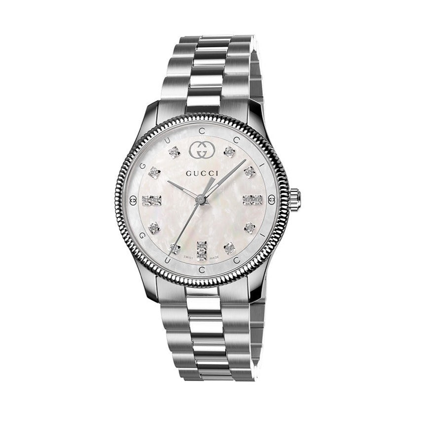  Shop Authentic Gucci G Timeless Diamonds White Dial Silver Steel Strap Watch for Women - YA1265064 - Luxxuri