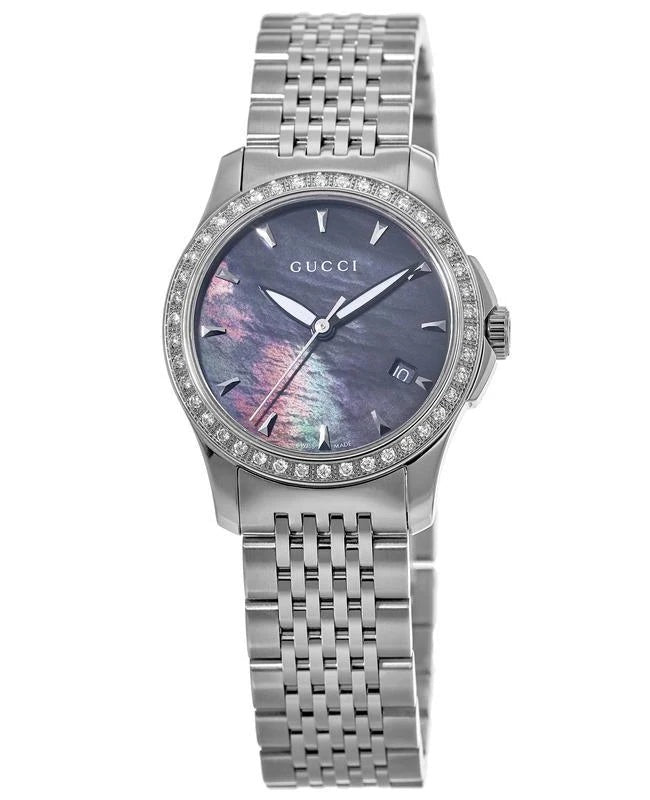  Shop Authentic Gucci G Timeless Diamonds Mother of Pearl Black Dial Silver Mesh Bracelet Watch For Women - YA126507 - Luxxuri