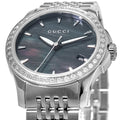  Shop Authentic Gucci G Timeless Diamonds Mother of Pearl Black Dial Silver Mesh Bracelet Watch For Women - YA126507 - Luxxuri