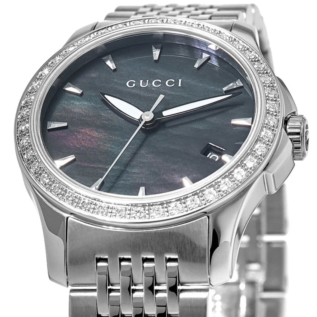  Shop Authentic Gucci G Timeless Diamonds Mother of Pearl Black Dial Silver Mesh Bracelet Watch For Women - YA126507 - Luxxuri