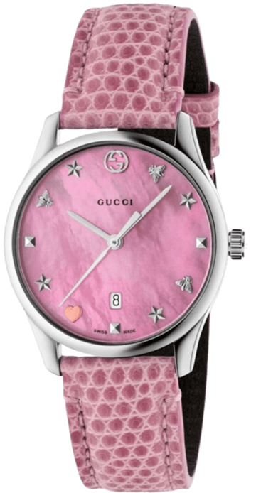  Shop Authentic Gucci G-Timeless Pink Mother of Pearl Dial Pink Leather Strap Watch For Women - YA126586 - Luxxuri