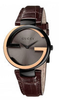  Shop Authentic Gucci Interlocking G 18K Gold Black Dial Brown Leather Strap Watch For Women - YA133304 - Luxxuri