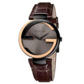  Shop Authentic Gucci Interlocking G 18K Gold Black Dial Brown Leather Strap Watch For Women - YA133304 - Luxxuri