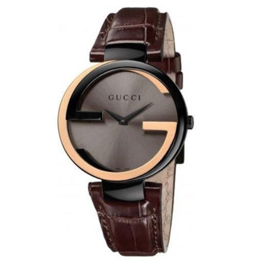  Shop Authentic Gucci Interlocking G 18K Gold Black Dial Brown Leather Strap Watch For Women - YA133304 - Luxxuri