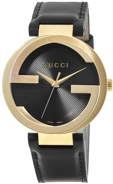  Shop Authentic Gucci Interlocking G Gold Black Dial Black Leather Strap Unisex Watch - YA133326 - Luxxuri