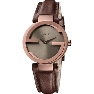  Shop Authentic Gucci G Interlocking Brown Dial Brown Leather Strap Watch For Women - YA133504 - Luxxuri