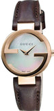 Shop Authentic Gucci G Interlocking Mother of Pearl Dial Brown Leather Strap Watch For Women - YA133516 - Luxxuri