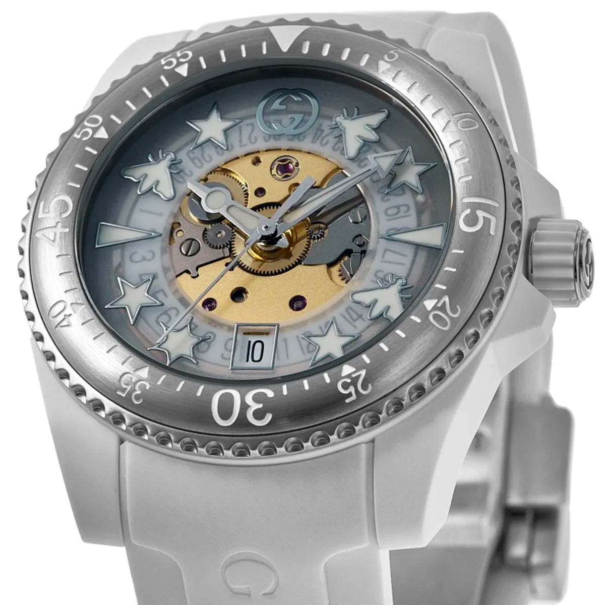  Shop Authentic Gucci Dive Automatic Transparent Dial White Rubber Strap Watch For Men - YA136343 - Luxxuri