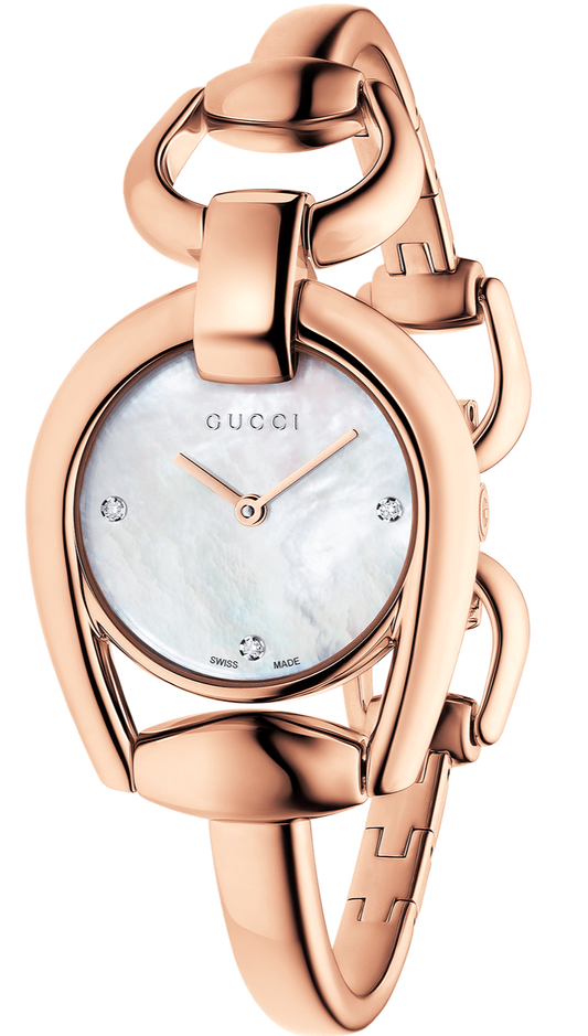  Shop Authentic Gucci Horsebit Collection Diamonds Mother of Pearl Dial Rose Gold Steel Strap Watch For Women - YA139508 - Luxxuri