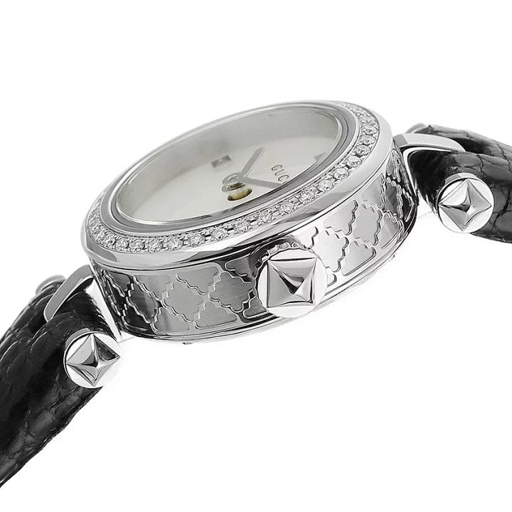  Shop Authentic Gucci Diamantissima Diamonds Mother of Pearl Dial Black Leather Strap Watch For Women - YA141511 - Luxxuri