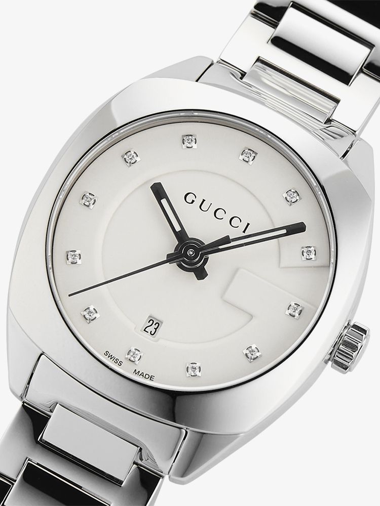  Shop Authentic Gucci G Frame Quartz Diamonds Silver Dial Silver Steel Strap Watch For Women - YA142504 - Luxxuri