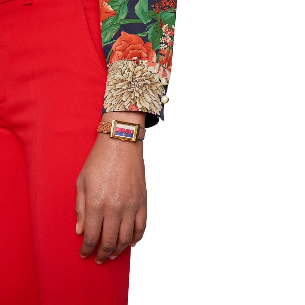  Shop Authentic Gucci G-Frame Mother of Pearl Dial Brown Leather Snakeskin Strap Watch For Women - YA147402 - Luxxuri