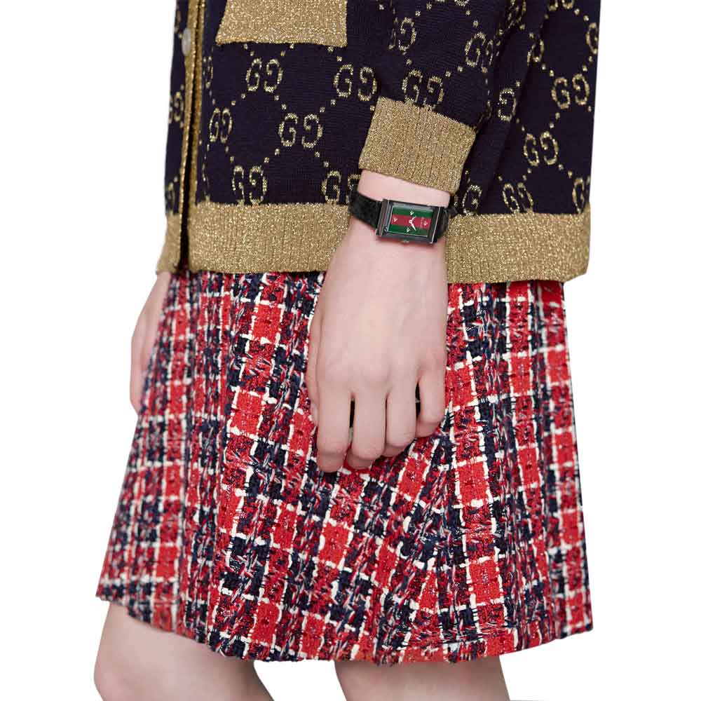  Shop Authentic Gucci G-Frame Mother of Pearl Green & Red Dial Black Leather Strap Watch For Women - YA147403 - Luxxuri