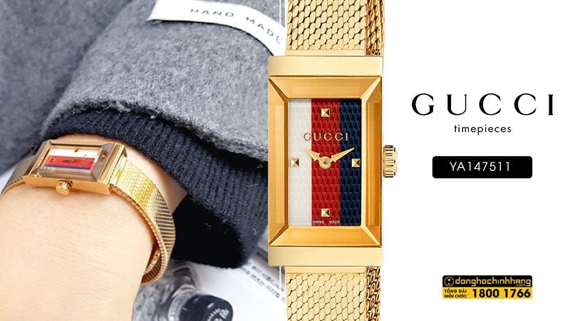  Shop Authentic Gucci G Frame Quartz Diamonds White Red Blue Dial Gold Mesh Bracelet Watch For Women - YA147511 - Luxxuri