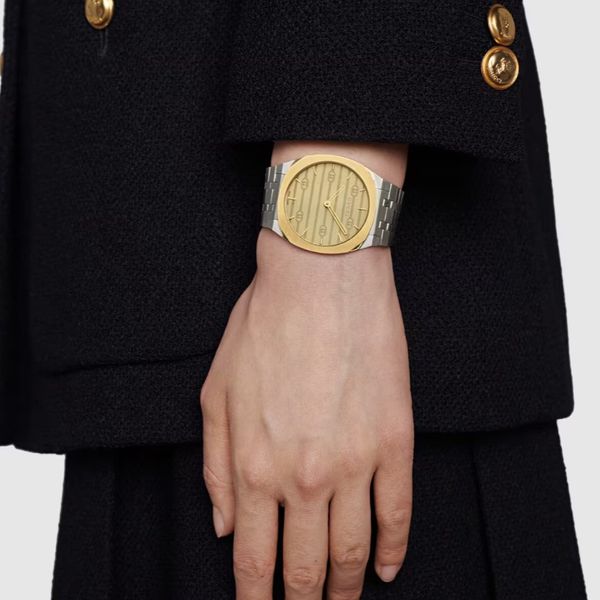  Shop Authentic Gucci 25H Quartz Gold Dial Silver Steel Strap Watch for Men - YA163405 - Luxxuri