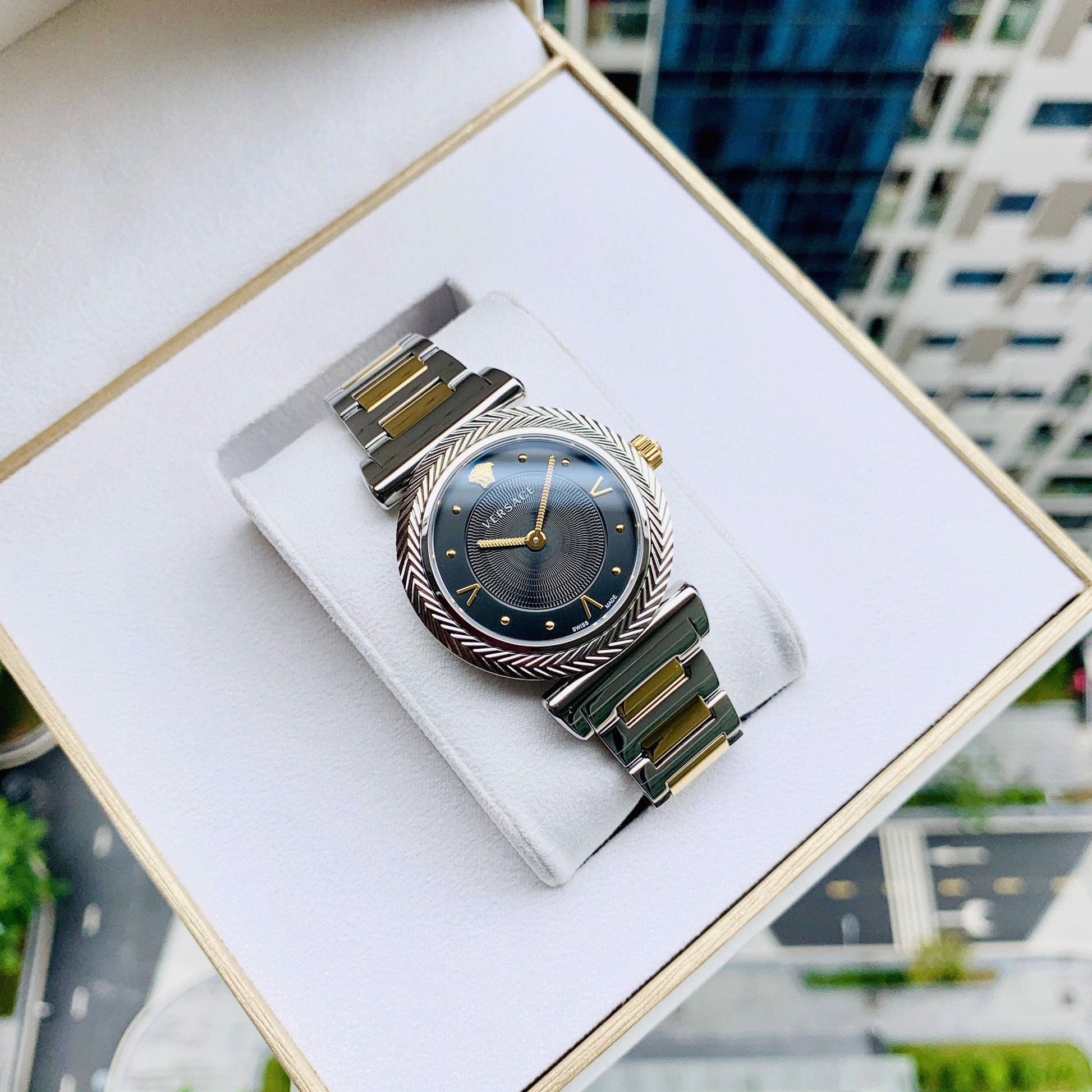  Shop Authentic Versace V-Motif Black Dial Two Tone Steel Strap Watch for Women - VERE00518 - Luxxuri