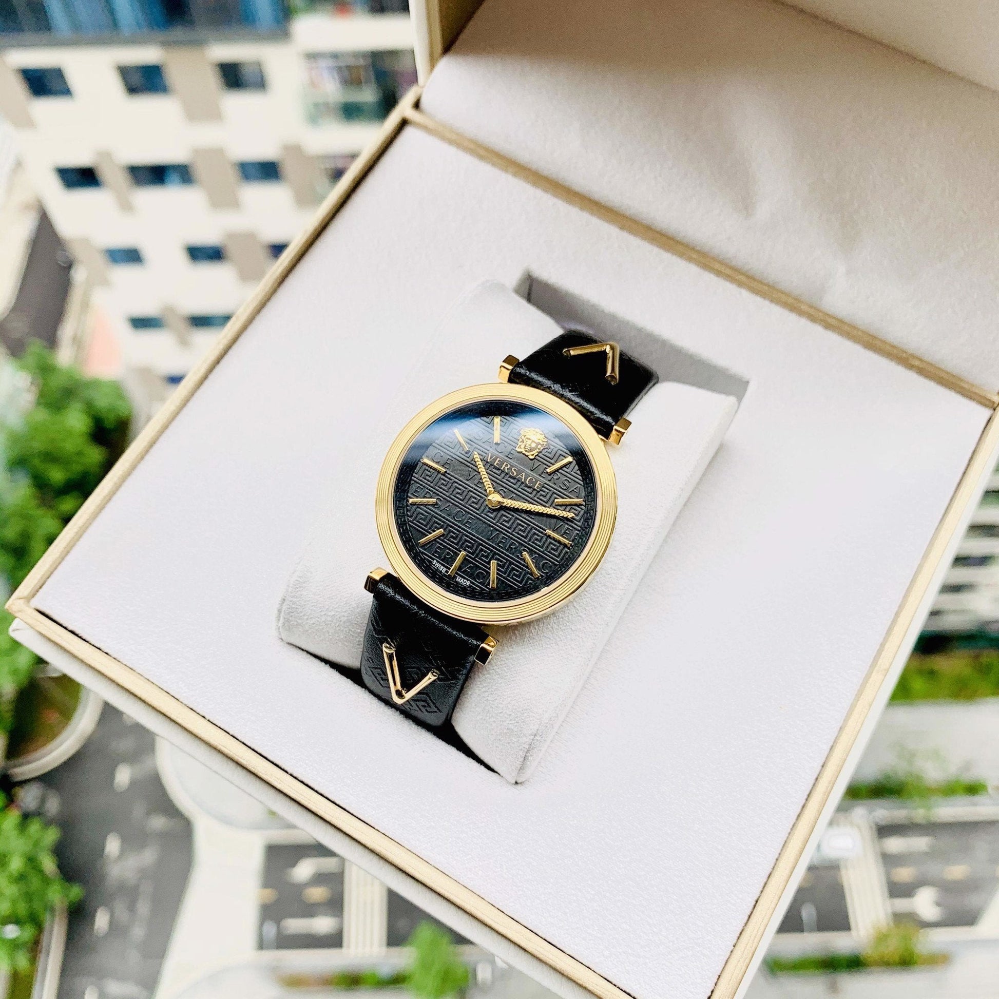  Shop Authentic Versace V-Twist Black Dial Black Leather Strap Watch for Women - VELS00619 - Luxxuri