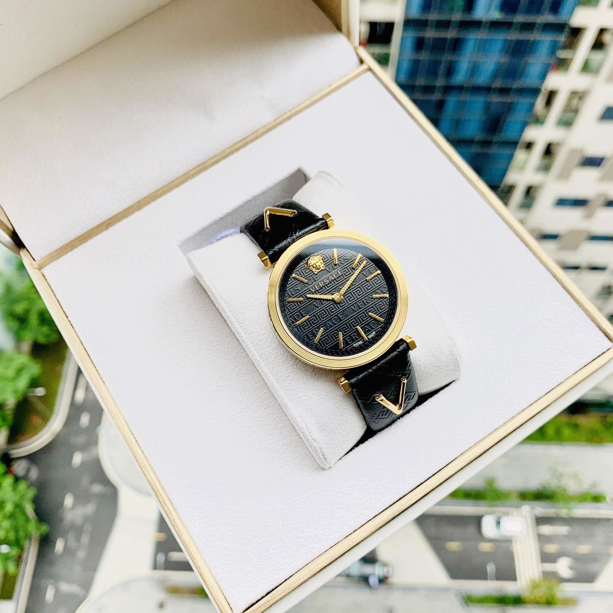 Versace V-Twist Black Dial Black Leather Strap Watch for Women - VELS00619