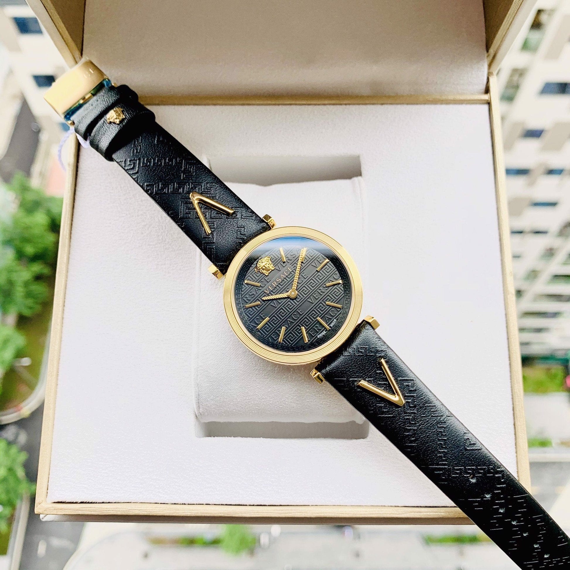  Shop Authentic Versace V-Twist Black Dial Black Leather Strap Watch for Women - VELS00619 - Luxxuri