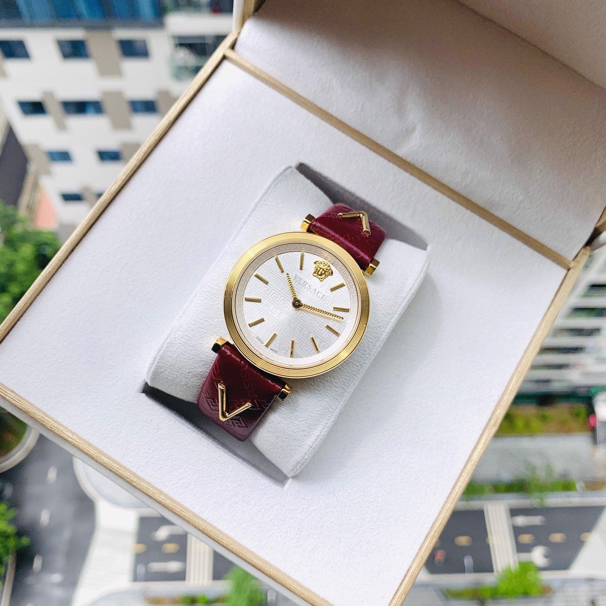  Shop Authentic Versace V-Twist Silver Dial Red Leather Strap Watch for for Women - VELS00519 - Luxxuri