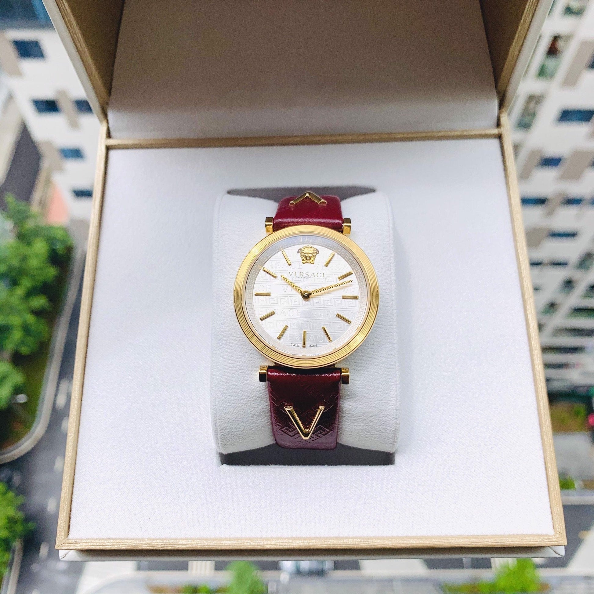  Shop Authentic Versace V-Twist Silver Dial Red Leather Strap Watch for for Women - VELS00519 - Luxxuri